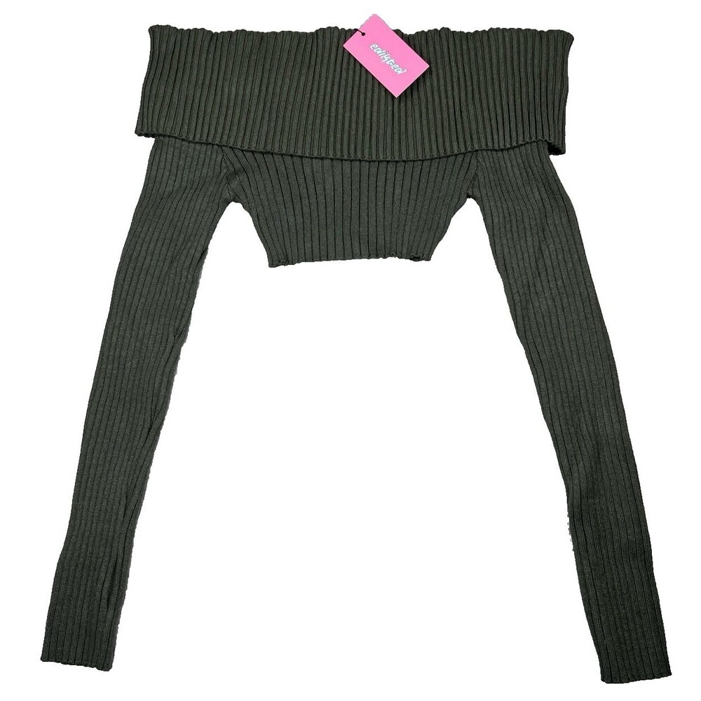 NWT Edikted Long Sleeve Sweater Ribbed Knit Cropped Women Medium M Olive Fall